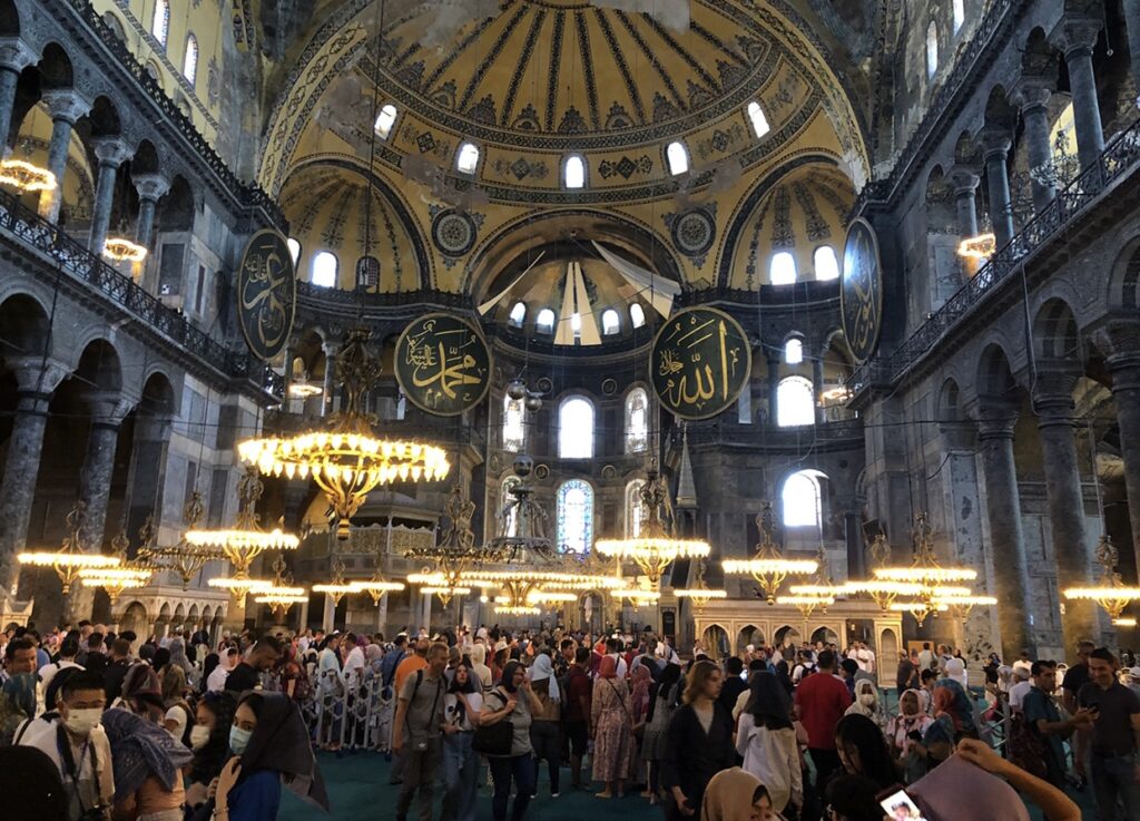 Inside the busy Hagia Sophia Grand Mosque, Istanbul, Turkey