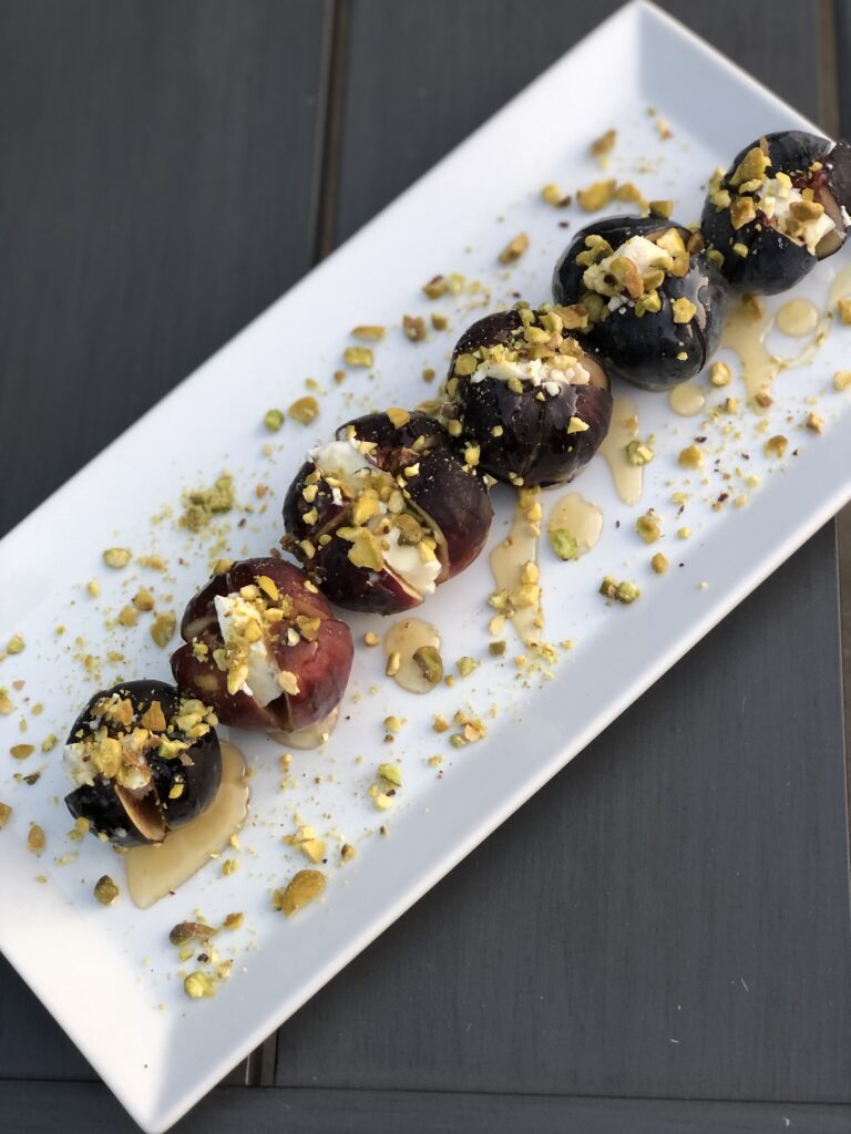 Beautiful Honey Drizzled Figs with Goat Cheese and Pistachios