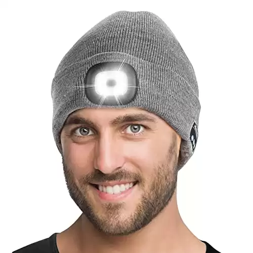 Tutuko Unisex Bluetooth Beanie Hat with Light, Built-in Speaker Mic, Headlamp Cap with Headphones, Tech Gift for Men Women Grey