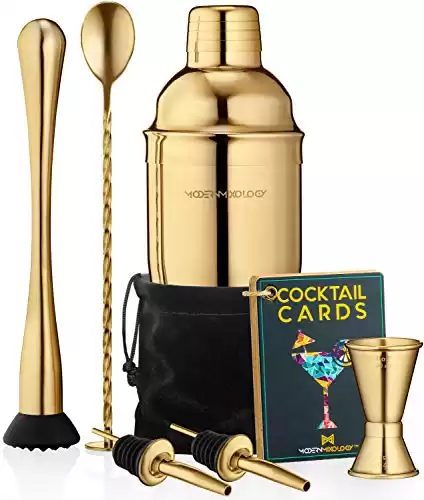 Mixology Cocktail Shaker Set Drink Mixer, 8-piece Portable Bartender Kit with 24oz Martini Shaker Barware Tool Set, 2 Pourers, Muddler, Jigger, Mixing Spoon, Velvet Bag, Built-in Strainer (Gold)