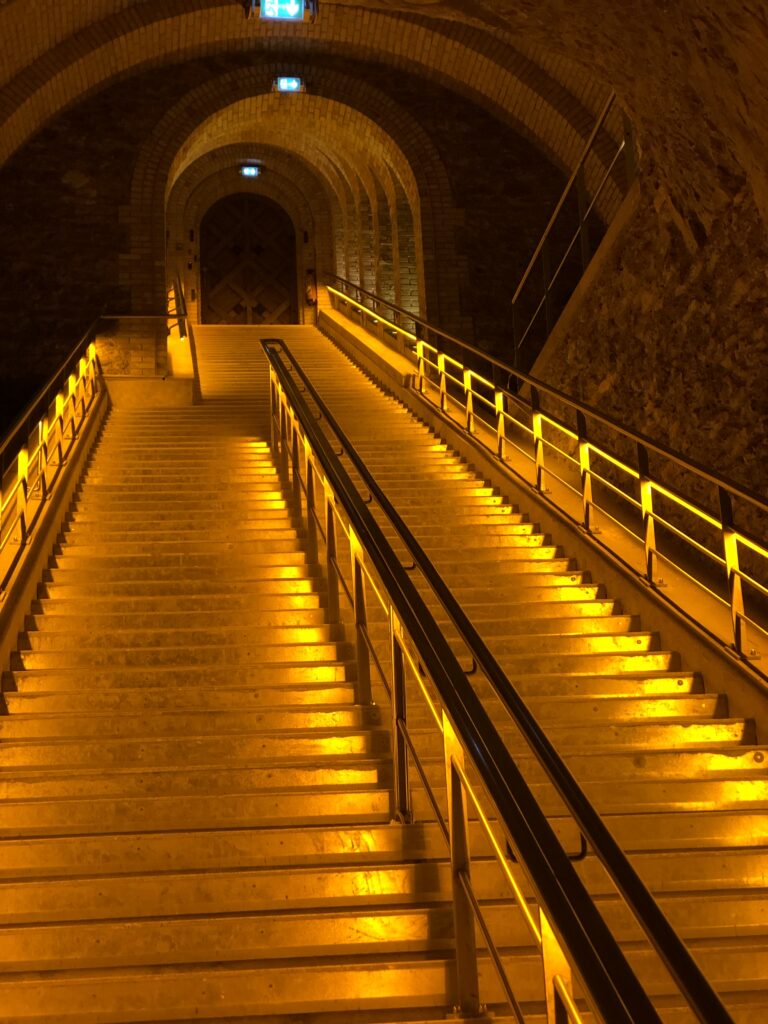 Descending down into Veuve Clicquot's underground cellars, Reims, Champagne, France