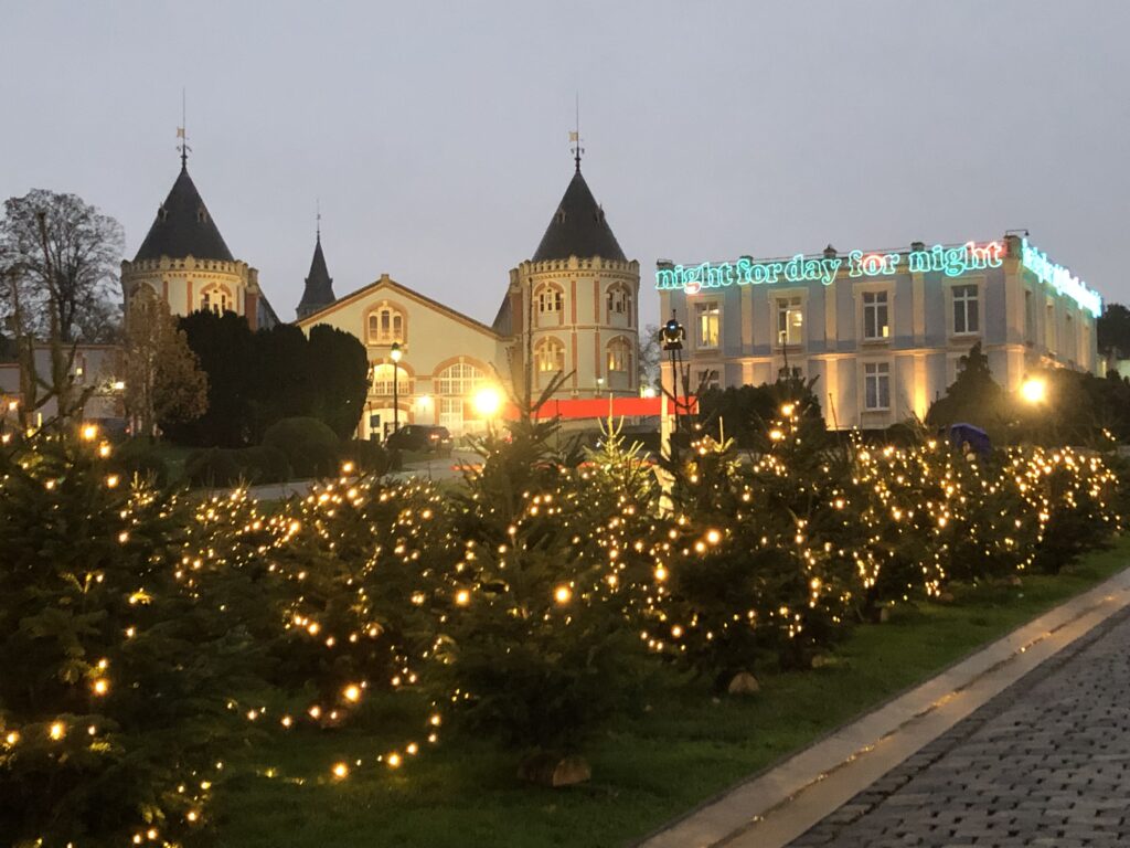 Pommery Champagne House is all lit up during Christmas time, Reims, Champagne, France