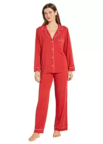 Eberjey Gisele PJ Set for Women - Notch Collar, Button Closure with Pull on Bottoms, Stretchy & Comfy Solid Pajama Set Haute Red/Ivory MD One Size