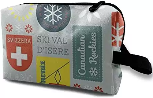 Snow Retro Ski Badges Cosmetic Bag for Women,Adorable Roomy Makeup Bags Travel Waterproof Toiletry Bag Accessories Organizer Gifts