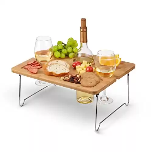 Tirrinia Bamboo Wine Picnic Table, Ideal Wine Lover Gift, Folding Portable Outdoor Wine Glasses & Bottle, Snack and Cheese Holder Tray for Concerts at Park or Party