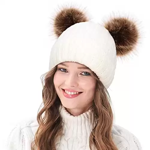 Arctic Paw Womens Beanies for Winter Cable Knit Beanie Hat Faux Fur Pompom Ears White