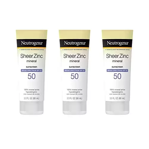 Neutrogena Sheer Zinc Oxide Dry-Touch Mineral Sunscreen Lotion, Broad Spectrum SPF 50 UVA/UVB Protection, Water-Resistant, Hypoallergenic and Non-Greasy, Paraben-Free, 3 fl. oz, Pack of 3