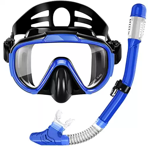 Snorkel Set, Zipoute Snorkel Dry Top Snorkeling Gear for Adults, Panoramic Anti-Leak and Anti-Fog Tempered Glass Lens, Adults Adjustable Snorkeling Set, Scuba Diving Swimming Training Snorkel Kit