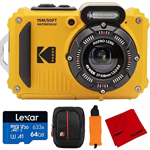 Kodak PIXPRO Astro Zoom WPZ2 16.4MP Digital Camera, 3" LCD Bundle with Lexar 64GB Memory Card, Deco Photo Camera Case, Vivitar Orange Camera Wrist Strap and Microfiber Cleaning Cloth