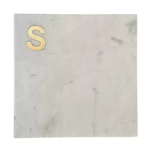 Boards by Bleu Monogram Marble Cheese Board, Hand Crafted Marble Cutting Board from White Marble Slab, Personalized Charcuterie Board with Brass Initial, Great Wedding or House Warming Gifts, Letter S