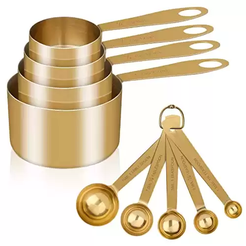 GuDoQi Measuring Cups and Spoons Set of 9, Stainless Steel Handle with Metric and US Measurements, Golden Polished Finish, Dry & Liquid Ingredient Measuring Cup for Cooking and Baking