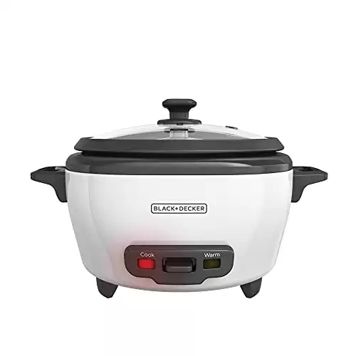 BLACK+DECKER Rice Cooker 6-Cup (Cooked) with Steaming Basket, Removable Non-Stick Bowl, White