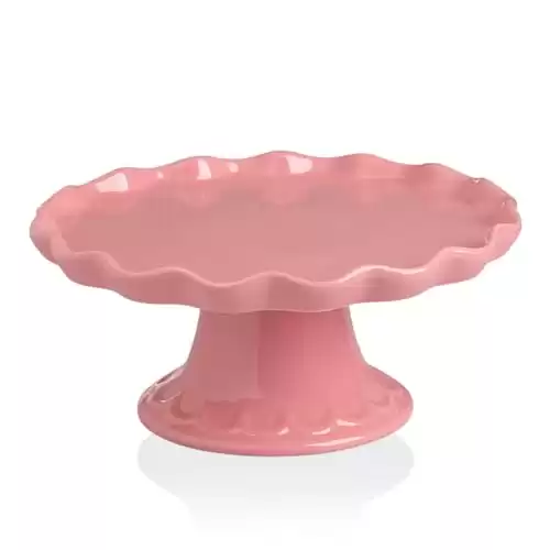 Sweejar 10-Inch Porcelain Cake Stand, Round Cupcake Stand with Soft Wave Edge, Dessert Table Display Plate for Snacks, Cookies, Birthday Parties, Weddings, Baby Shower and Other Events (Pink)