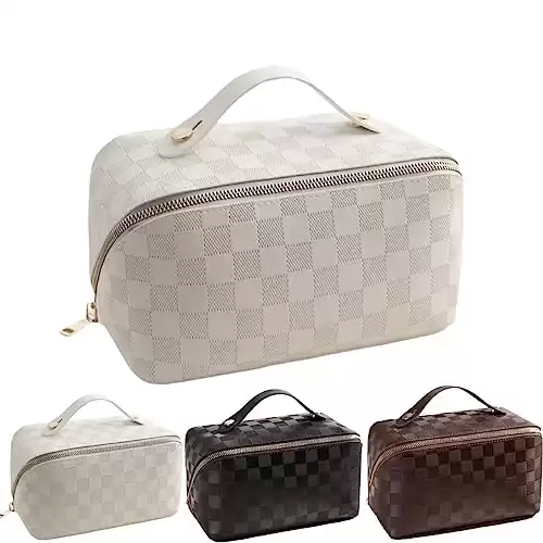 BIVIZKU Large Capacity Makeup Bags Portable Travel Cosmetic Bags Open-Flat Toiletry Waterproof Bag for Women Gift Make up Organizer with Divider and Handle Pouch Zipper Bag (white-checkered)