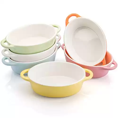 Foraineam 6 Colors Oval Porcelain Ramekins 10 oz Oven Safe Creme Brulee Souffle Baking Ramekin Dishes Bowl with Double Handles