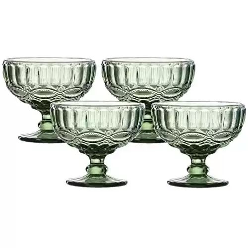 VanEnjoy Green Vintage Pressed Pattern Glass Ice Cream Cups/Dessert Bowls - Set of 4,12 Oz