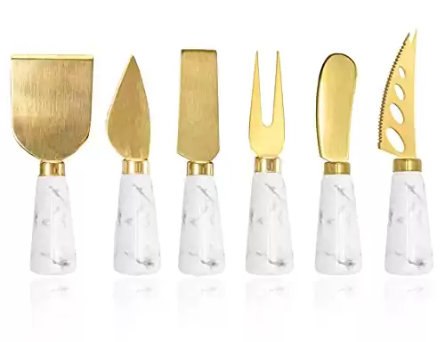 Golden Cheese Knife Set 6 Piece Marble Handle Butter Spatula Knives Cheese Spreader Cutter with Ergonomic Ceramic Handle Cheese Shaver and Fork for Birthday Wedding Party (White)