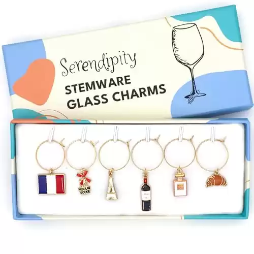 France Wine Glass Charms, France Gift, French Glass Identifiers, Charms Include Paris Eiffel Tower, Moulin Rouge, French Wine, Parfume, Flag and Croissant