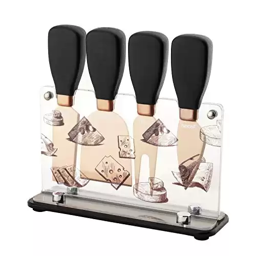 hecef Cheese Knife & Acrylic Stand Set of 5 - Stainless Steel Cheese Slicer with PP Handle & Acrylic Stand