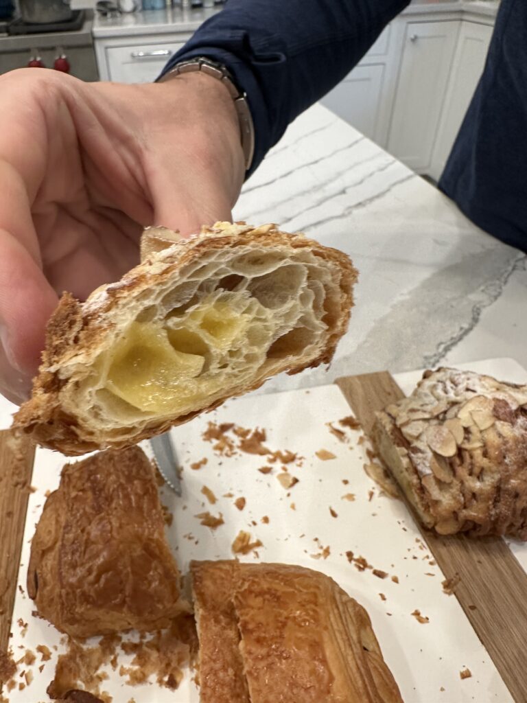 Creamy almond cream interior of a Paris Baguette almond croissant