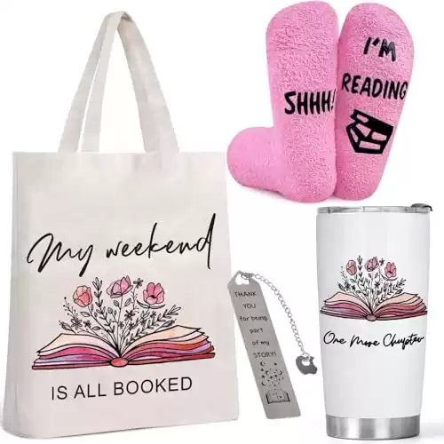 Gifts For Book Lovers - Book Accessories For Reading Lovers Include Canvas Tote Bag, 20oz Book Tumbler, Pink Sock, Bookmarks - Book Club Gifts For Readers Librarian Bookworms Friends Family