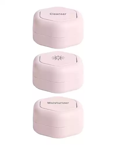 Cadence Travel Containers - Skincare Set - Magnetic Travel Capsules - for Facial Cleanser, Moisturizer, Sunscreen - 3 Medium Capsules (0.56oz) with Cleanser, Moisturizer & Sun-Icon Labels - Petal