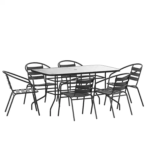 Flash Furniture Lila 7 Piece Patio Dining Set - 55" Tempered Glass Patio Table with Umbrella Hole, 6 Black Metal Aluminum Slat Stack Chairs